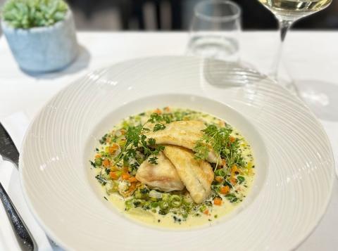 Pan fried plaice fillet with spring vegetable nage